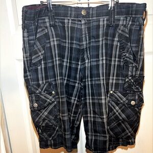 Affliction Black Premium Plaid Cargo Short, Black, Dark Navy and Grays, 36W